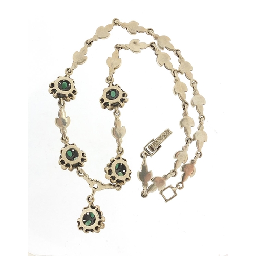 983 - Vintage unmarked silver, marcasite and green stone necklace, 40cm in length, 48.0g