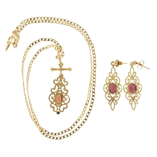 314 - 9ct gold garnet pendant on a 9ct gold necklace and matching earrings, the earrings 3.2cm high, total... 