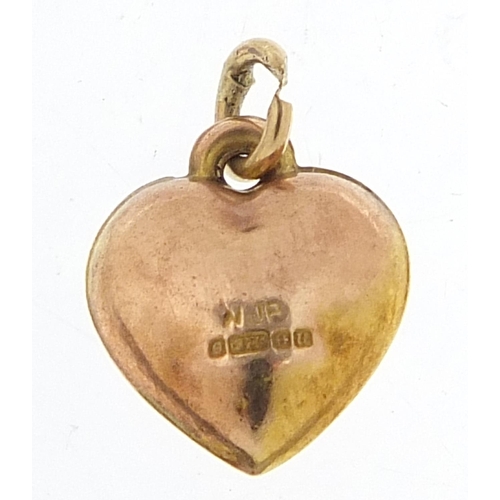 792 - 9ct gold love heart charm, 1cm high, 0.5g