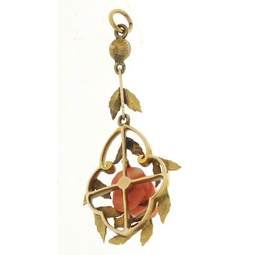 278 - Unmarked gold and carved coral rose head pendant, 4.5cm high, 3.5g