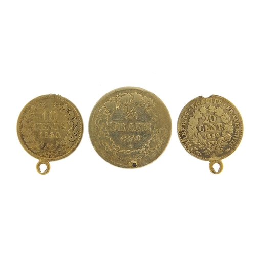 256 - Three French antique gold coins comprising 1840 half franc, 1819 ten cents and 1850 twenty cents, 4.... 