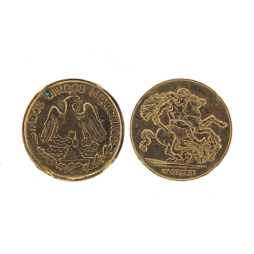 427 - Two miniature gold coins comprising St George and Mexican Emperor, 1cm in diameter, total 0.8g