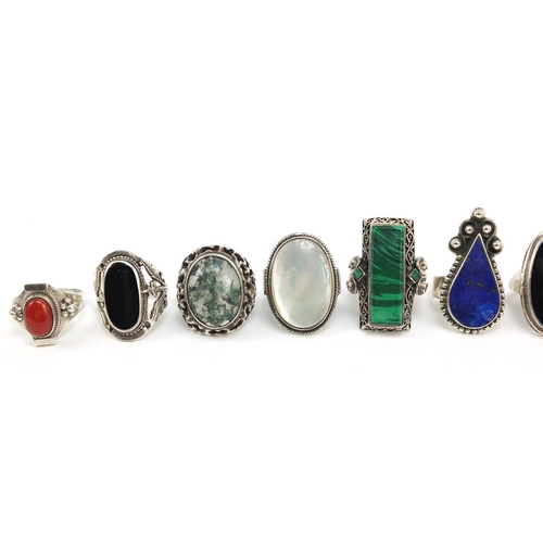 873 - Twelve silver semi precious stone rings including lapis lazuli, malachite, turquoise and moss agate,... 