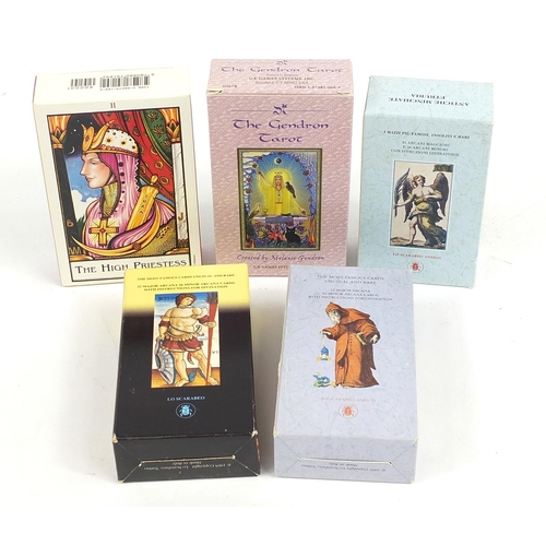 1064 - Five fortune telling tarot card decks including New Palladini Tarot, Ancient Tarots of Lombardy, Ill... 