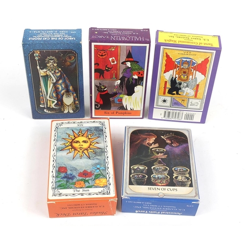 1059 - Five fortune telling tarot card decks comprising Ancestral Path Tarot, Halloween Tarot, Hudes Tarot ... 