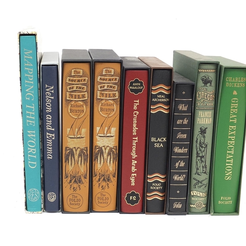 1118 - Nine Folio Society hardback books with slip cases including The Source of the Nile, The Crusades Thr... 