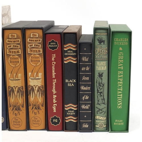 1118 - Nine Folio Society hardback books with slip cases including The Source of the Nile, The Crusades Thr... 