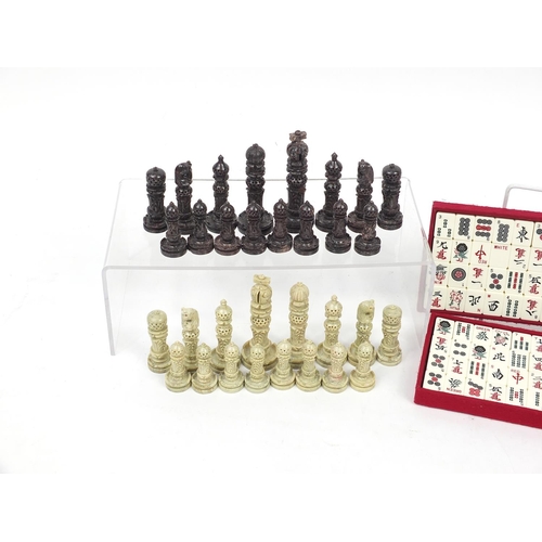 1248 - Carved hardstone chess set and a Mahjong set