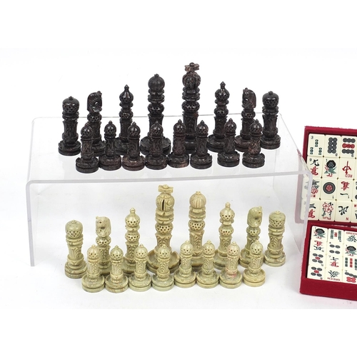 1248 - Carved hardstone chess set and a Mahjong set