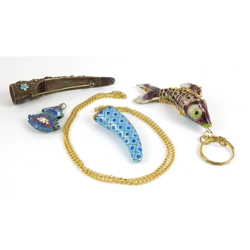 731 - Chinese silver and gilt metal cloisonné jewellery including a claw brooch, articulated fish and pois... 