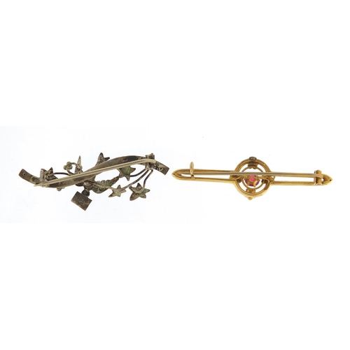 1091 - Victorian unmarked gold pink stone and sea pearl bar brooch and unmarked silver bird brooch, each 5c... 