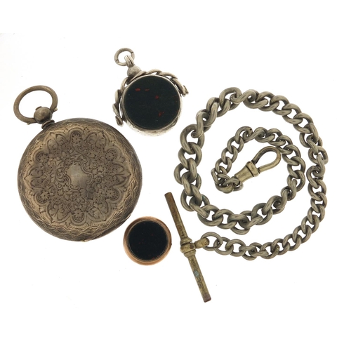 875 - Victorian and later jewellery including a silver hardstone spinner fob, ladies silver watch case and... 