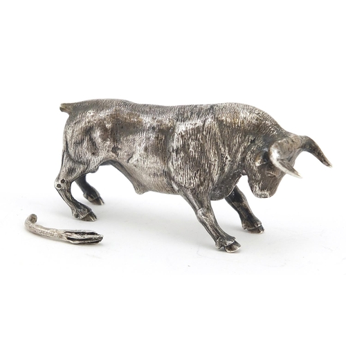 767 - Heavy cast silver model of a bull, 6.5cm in length, 143.4g