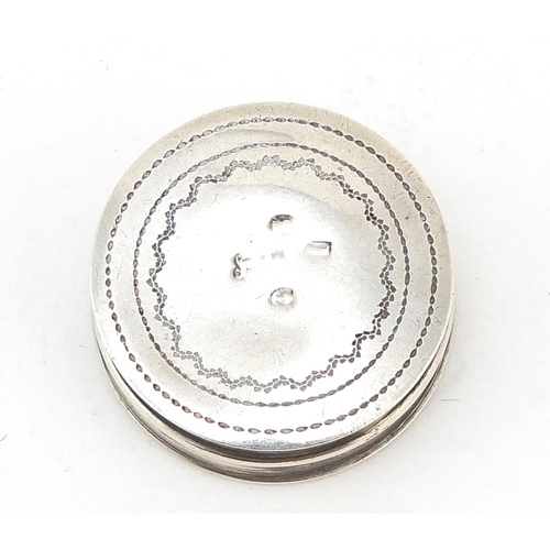 128 - George III circular silver counter box with engraved decoration housing mother of pearl counters, Bi... 