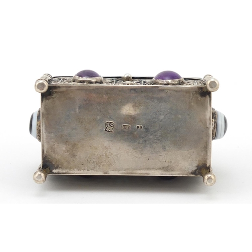 284 - Antique 800 German silver pierced casket set with agate and amethyst cabochons, the hinged lid embos... 