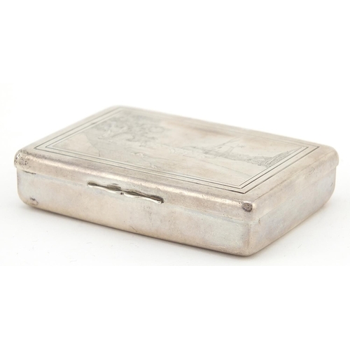 130 - Thomas Ducrow & Sons, George V rectangular silver snuff box, the hinged lid engraved with a view of ... 