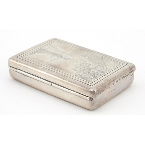 130 - Thomas Ducrow & Sons, George V rectangular silver snuff box, the hinged lid engraved with a view of ... 