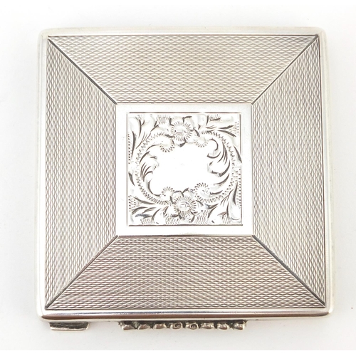 288 - Continental silver compact with engine turned decoration, 7.2cm x 7.2cm, 109.4g