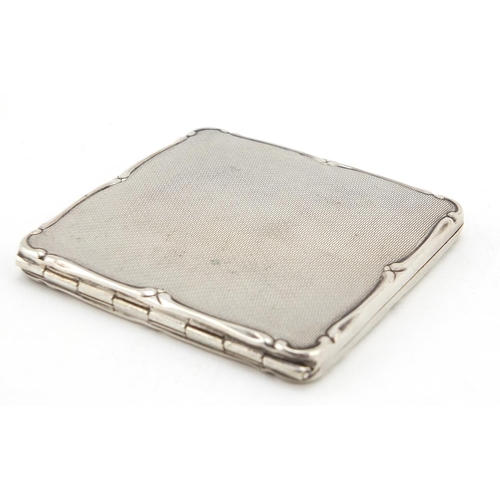 847 - Square silver coloured metal compact with engine turned decoration, 7cm x 7cm, 79.0g