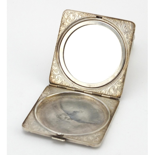 847 - Square silver coloured metal compact with engine turned decoration, 7cm x 7cm, 79.0g