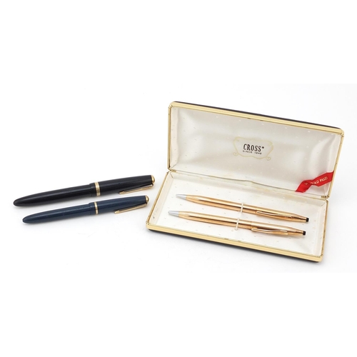 1929 - Two vintage Parker fountain pens with 14ct gold nibs and a Cross gold plated pen and pencil set