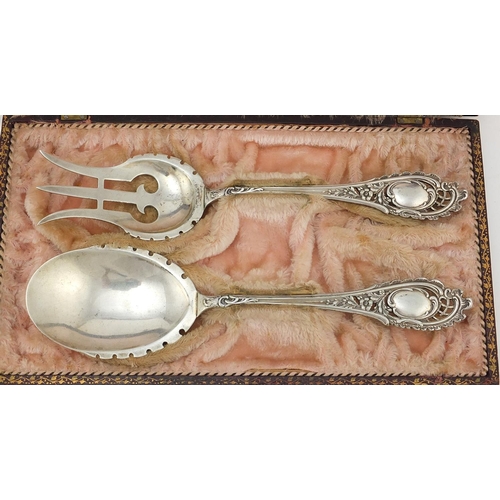 620A - Swiss silver coloured salad servers, the fork stamped 800, housed in an E Richard Basbezat? tooled l... 