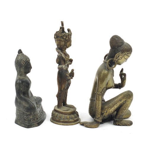 196A - Three Middle Eastern bronze figures including an Indian Goddess and figure of Buddha, from Nepal or ... 