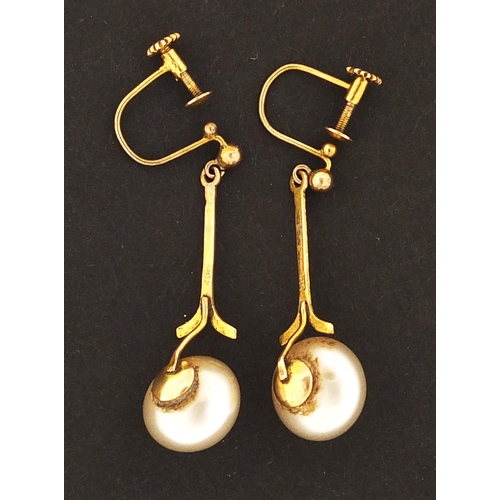 736 - Pair of 9ct gold simulated pearl drop earrings with screw backs, 3cm high, 2.6g