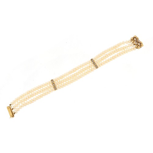 275 - Three row pearl bracelet with 9ct gold and diamond clasp, 18cm in length, 22.2g