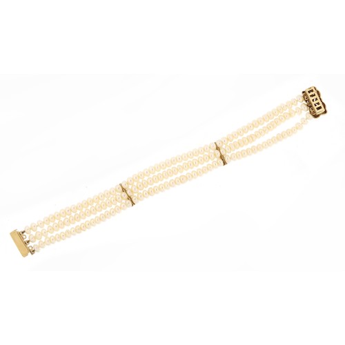 275 - Three row pearl bracelet with 9ct gold and diamond clasp, 18cm in length, 22.2g