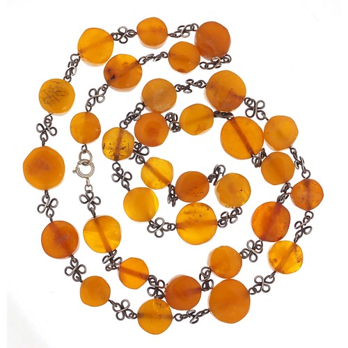 545 - Silver and amber coloured bead necklace, 90cm in length, 52.0g