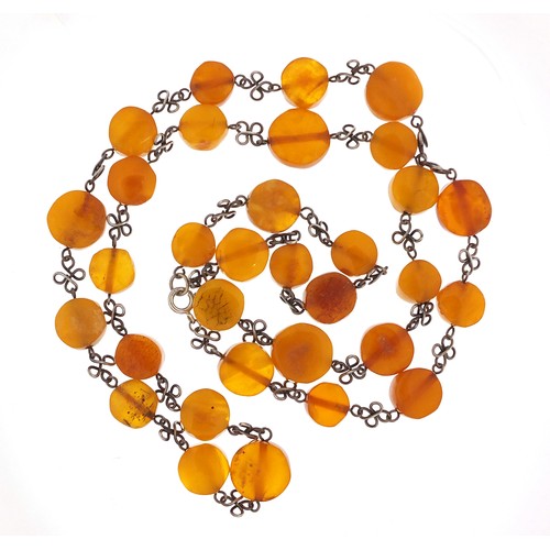 545 - Silver and amber coloured bead necklace, 90cm in length, 52.0g