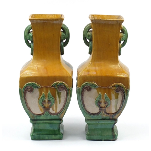 916 - Large pair of Chinese stoneware slab sided vases with ring turned twin handles having sancai type gl... 