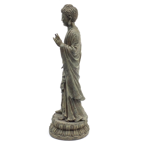 915 - Large bronzed figure of standing Buddha, 64.5cm high