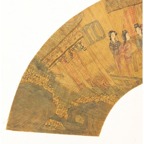 364 - Figures in a palace setting, Chinese fan shaped watercolour onto silk, 14cm x 29cm