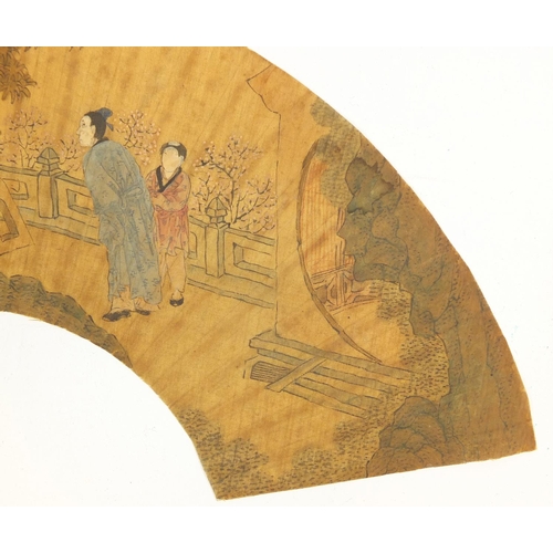 364 - Figures in a palace setting, Chinese fan shaped watercolour onto silk, 14cm x 29cm