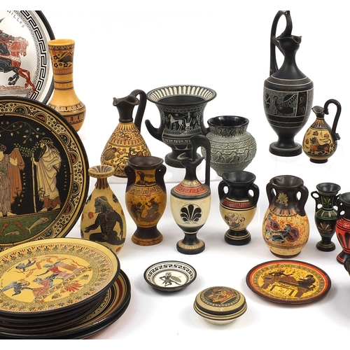 1832 - Collection of Roman/Greek Etruscan style pottery including jugs, vases and plates hand painted with ... 