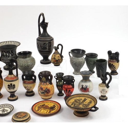 1832 - Collection of Roman/Greek Etruscan style pottery including jugs, vases and plates hand painted with ... 