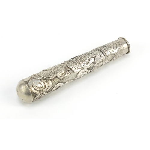 1128 - Chinese unmarked silver parasol handle embossed with dragons, 10cm in length