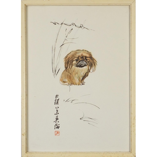 1933 - Warriors and a dog, five Chinese pictures including two pairs, the largest 34cm x 24cm excluding the... 