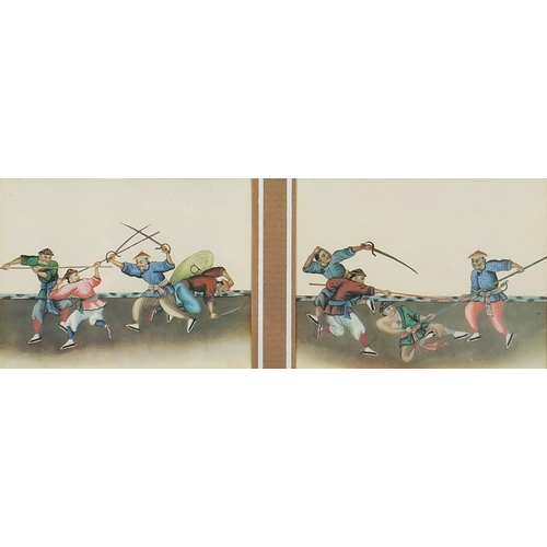1933 - Warriors and a dog, five Chinese pictures including two pairs, the largest 34cm x 24cm excluding the... 