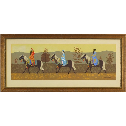 857 - Stewart Irwin - Empress with attendants on horseback, gouache, mounted, framed and glazed, 49.5cm x ... 