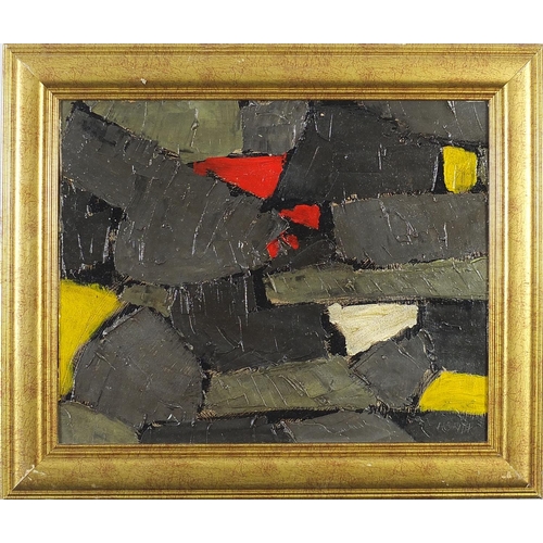 954 - Abstract composition, geometric shapes, oil on board, framed, 49cm x 39cm excluding the frame