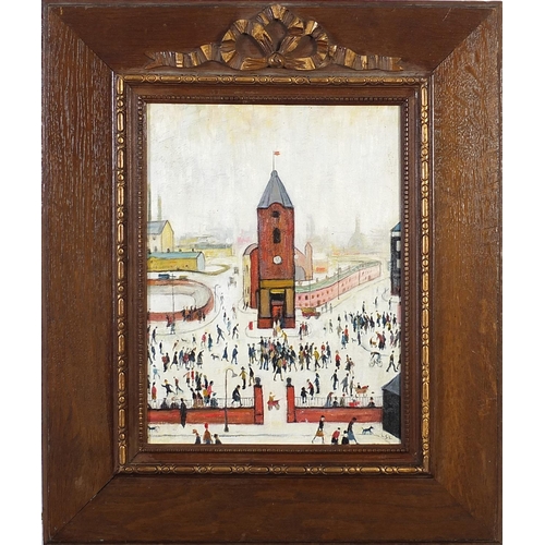 1158 - Figures before a clocktower, Manchester school oil on board, framed, 38cm x 28.5cm excluding the fra... 