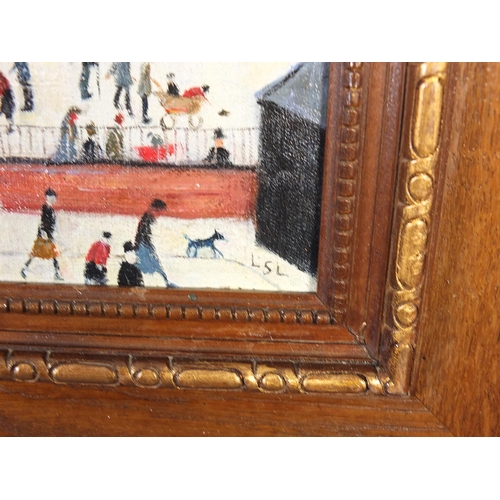 1158 - Figures before a clocktower, Manchester school oil on board, framed, 38cm x 28.5cm excluding the fra... 