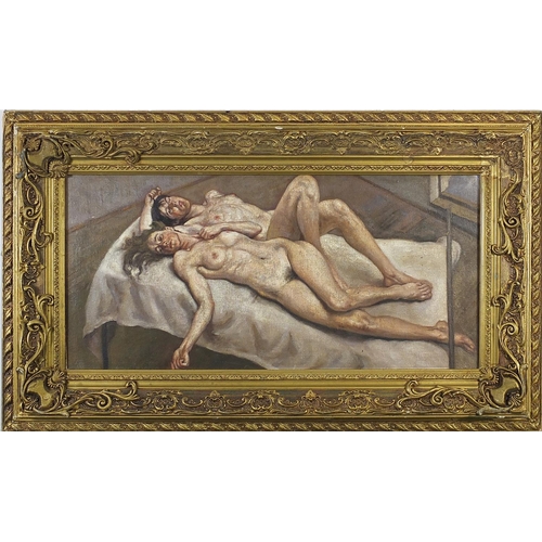 952 - Two nude lovers, oil on board, mounted and framed, 76cm x 35cm excluding the mount and frame