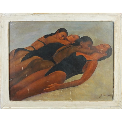 948 - Four females sunbathing, Italian Impressionist oil on board, framed, 78cm x 59cm excluding the frame