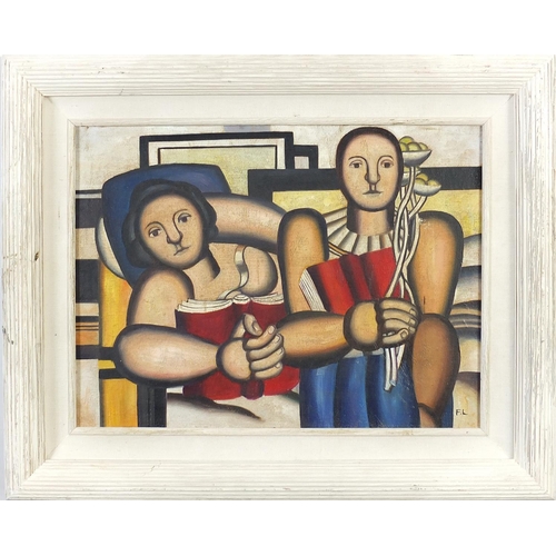 295 - Two surreal figures, French school oil on board, mounted and framed, 40cm x 29.5cm excluding the mou... 