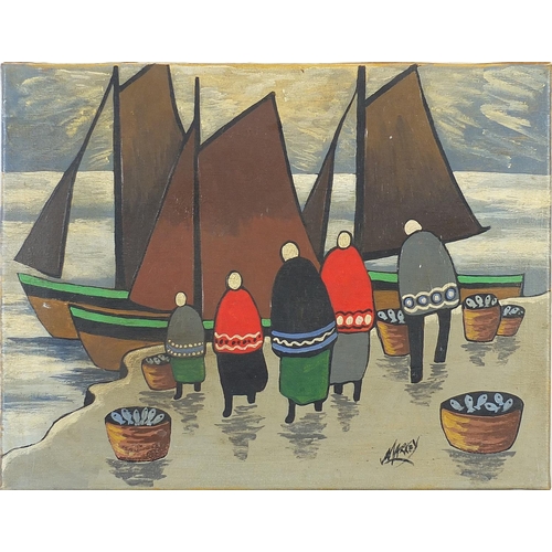 111 - Figures before fishing boats and water, Irish school oil on canvas, unframed, 45cm x 35cm