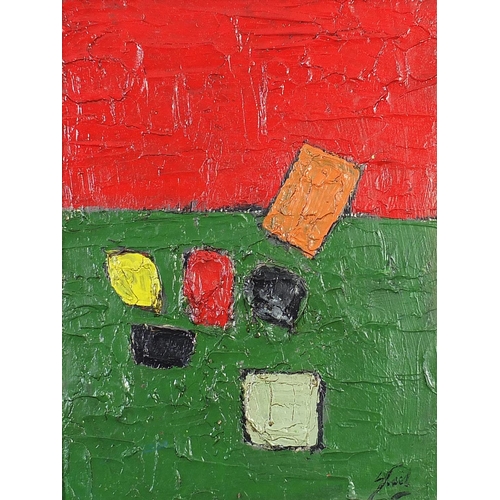 367 - Abstract composition, French school impasto oil on board, framed, 40cm x 30cm excluding the frame